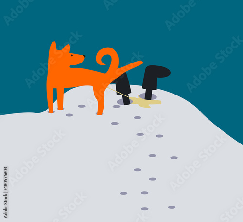A dog is peeing on a human, whose legs are sticking out of a snowdrift. Morbid humor. 