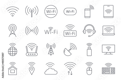 Vector Wi-Fi icons. Editable stroke. Wi-Fi internet connection symbol. PC tablet satellite router cloud storage. Mouse keyboard flash drive geo monitor data exchange. Stock thin illustration