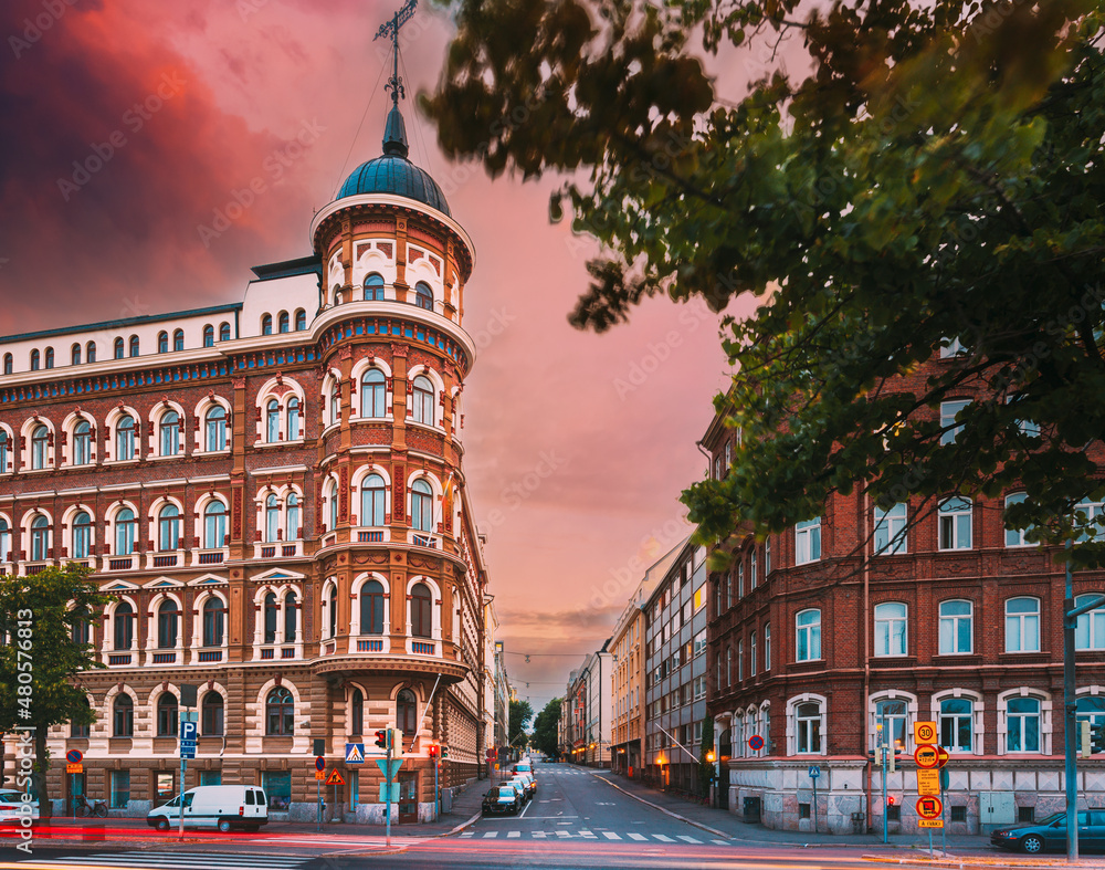 Fototapeta premium HELSINKI, FINLAND. Evening view of Kirkkokatu street in Helsinki. Evening view of Kirkkokatu street in Helsinki, Finland.