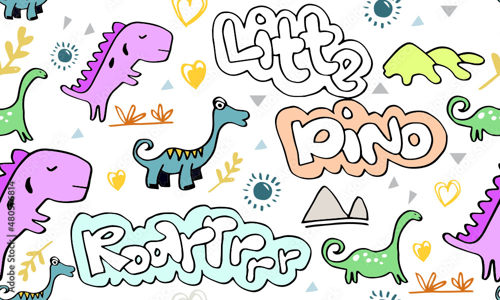 Childish seamless pattern with hand drawn funny dinosaurs for fabric, textile, fashion clothes, t shirts. hand drawn vector with lettering.