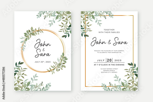 Slika na platnu Set wedding invitation card with watercolor green leaves