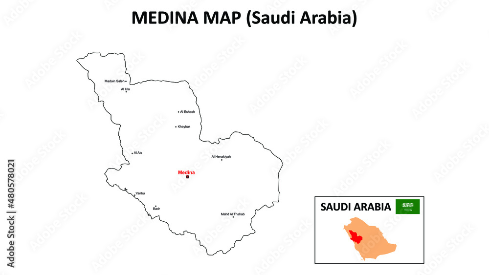 Medina Map. Medina Map of Saudi Arabia with white background and all states names.