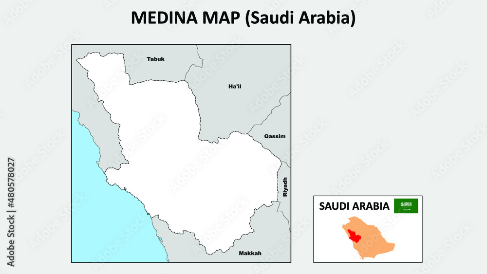 Medina Map. Political map of Medina. Medina Map of Saudi Arabia with neighboring countries and borders.