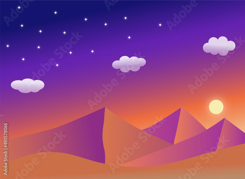 夕暮れ　砂漠の幻想的なイラスト