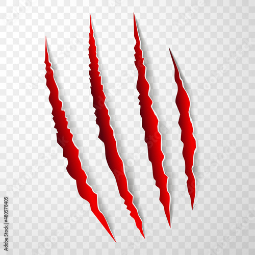 Red animal claw marks, scratches, talons cuts cat, tiger, dog, lion, monster isolated. Vector realistic illustration.