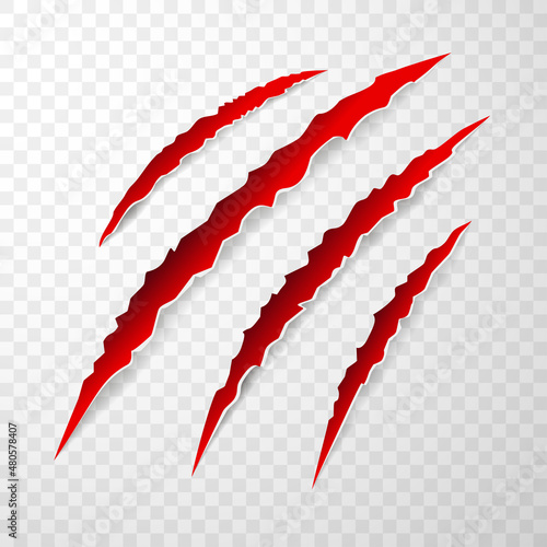 Red animal claw marks, scratches, talons cuts cat, tiger, dog, lion, monster isolated. Vector realistic illustration.