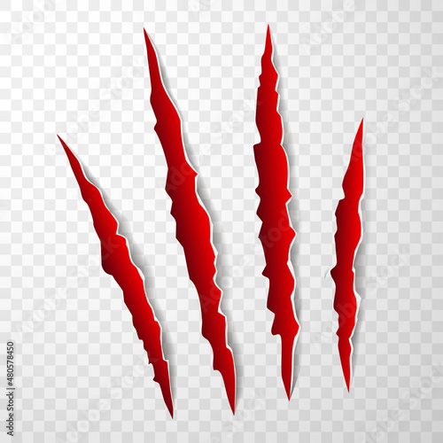Red animal claw marks, scratches, talons cuts cat, tiger, dog, lion, monster isolated. Vector realistic illustration.