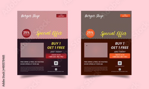 Burger Shop Flyer Design. 

2 Color Variations, CMYK Color Mode, High-Quality Print Ready, Version Used Adobe Illustrator 2020, Files included: Easy Editable (Ai/EPS).