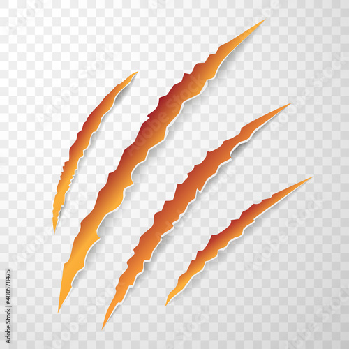 Orange color of animal claw marks, scratches, talons cuts cat, tiger, dog, lion, monster isolated. Vector realistic illustration.