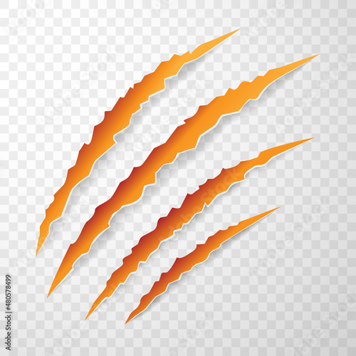 Orange color of animal claw marks, scratches, talons cuts cat, tiger, dog, lion, monster isolated. Vector realistic illustration.