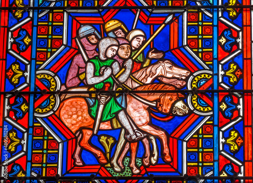 Colorful Knights Horses Stained Glass Cathedral Bayeux Normandy France