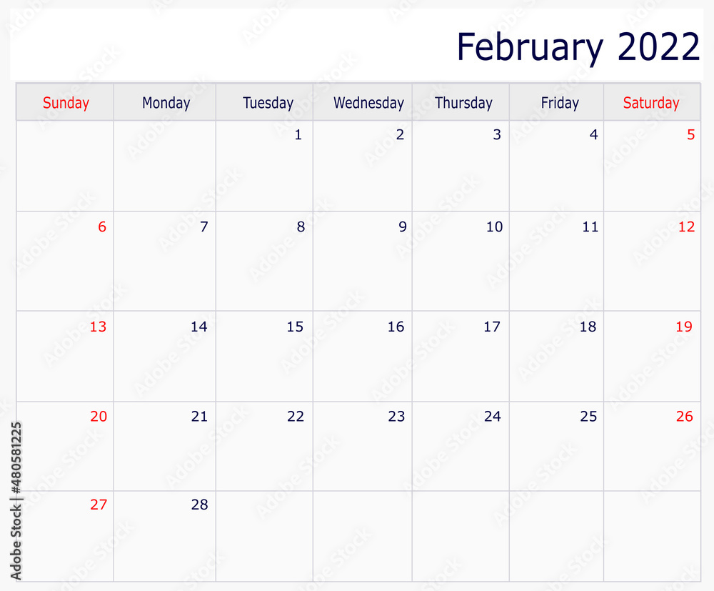 February Calendar 2022 with copy space and table