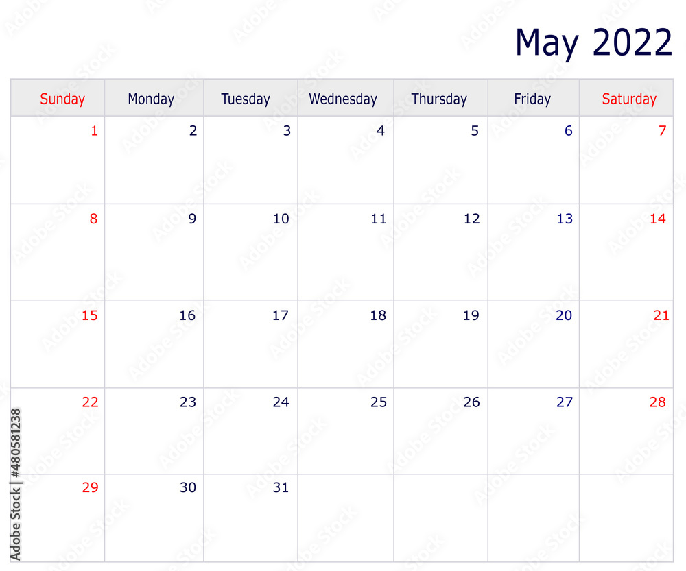 May Calendar 2022 with copy space and table