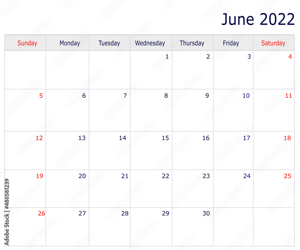 June Calendar 2022 with copy space and table June Calendar 2022 with copy space and table