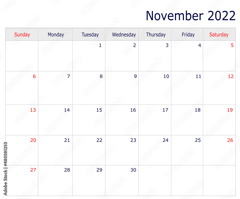 November Calendar 2022 with copy space and table November Calendar 2022 with copy space and table
