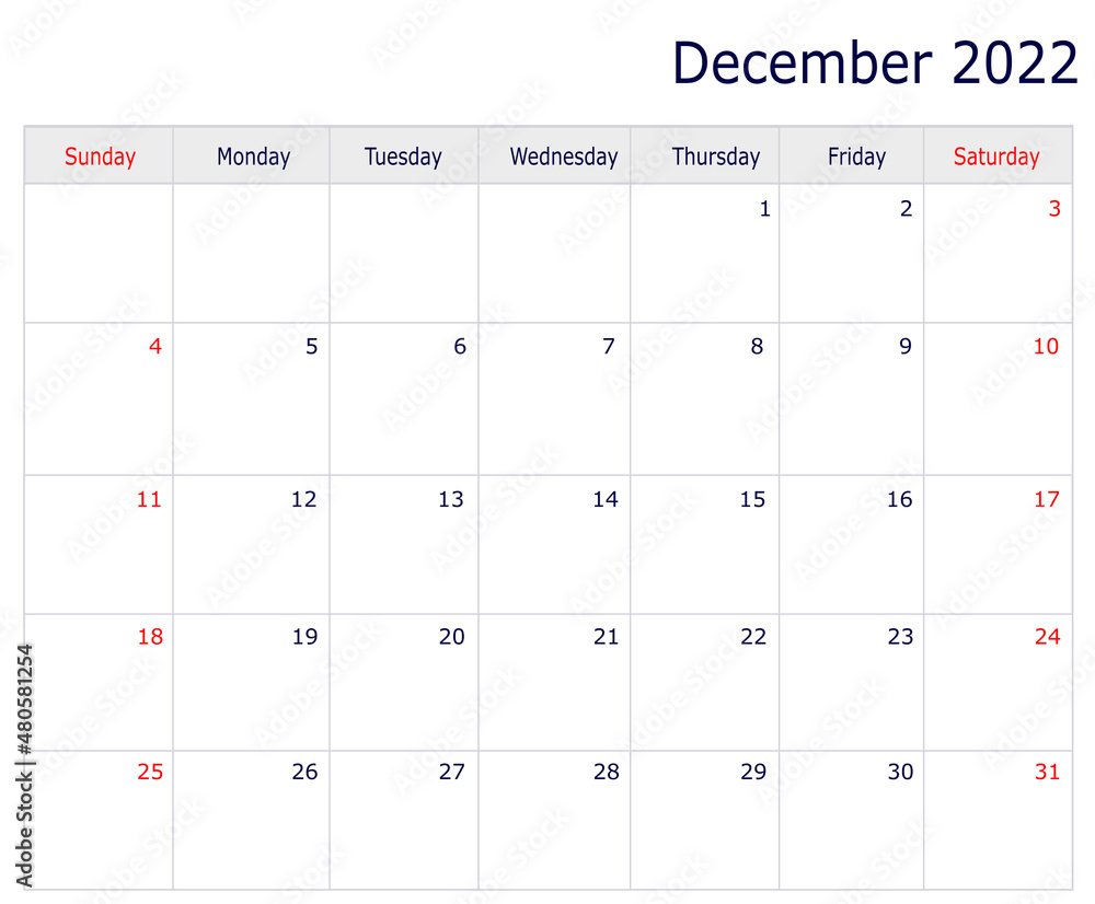 December Calendar 2022 with copy space and table December Calendar 2022 with copy space and table