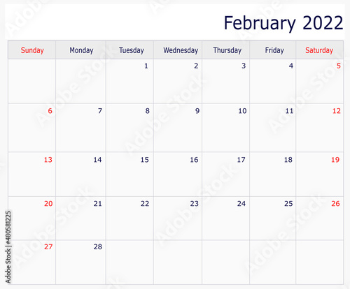 February Calendar 2022 with copy space and table