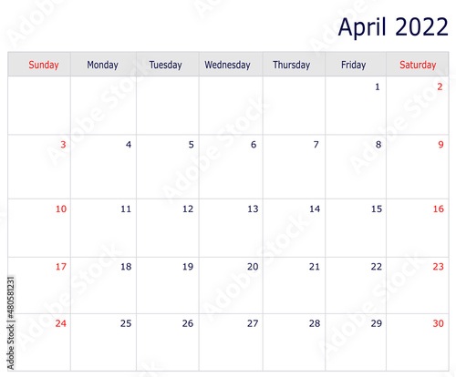 April Calendar 2022 with copy space and table