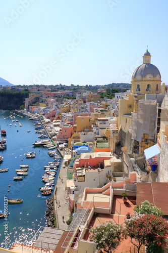 view from above to the beautiful Marina di Procida, Island between naples and Ischia, Italy