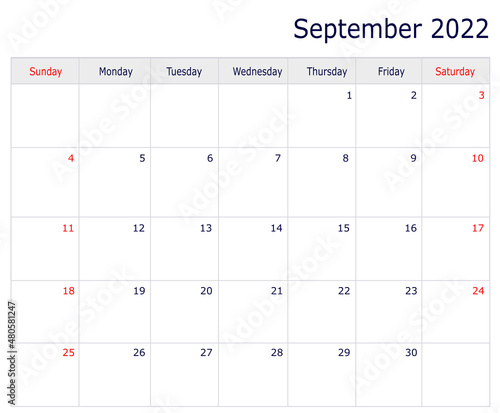September Calendar 2022 with copy space and table