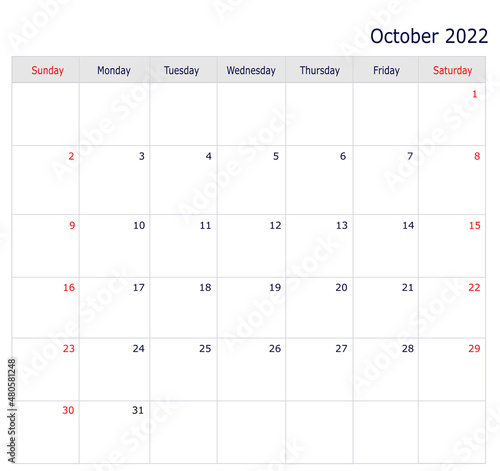October Calendar 2022 with copy space and table