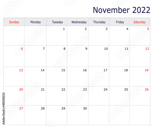 November Calendar 2022 with copy space and table