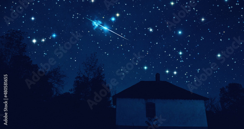 Countryside house, Milky Way stars and shooting stars.