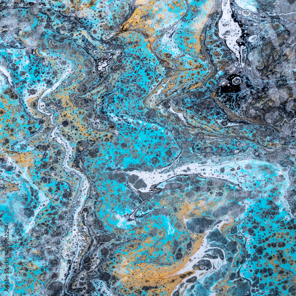 Naklejka premium Blue marble wallpaper. Waves modern art. Liquid paints on canvas, ink texture, swirl pattern, painted background, drawing. Multicolor pattern. Watercolor painting design.