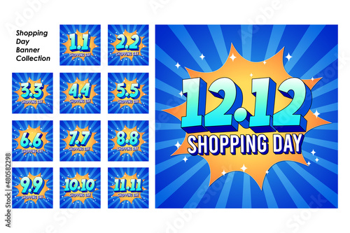 Set of blue shopping day banner for one year.
Shopping day poster for online shop and promotion.