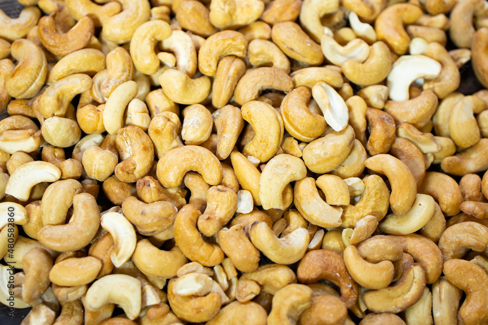 cashew fried top view. Solid background of cashew nuts