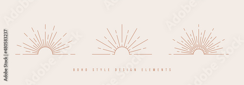 Sun and sunburst symbol in Bohemian style. Astrology, mystery and esoteric symbols in Boho style. Sun and sunset linear icons in Boho style. Vector