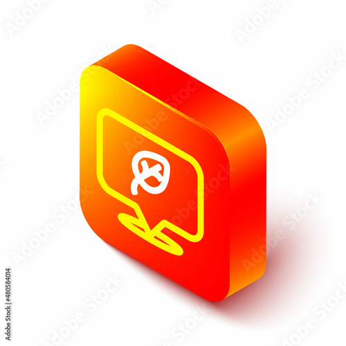 Isometric line Vegan food diet icon isolated on white background. Organic, bio, eco symbol. Vegan, no meat, lactose free, healthy, fresh and nonviolent food. Orange square button. Vector