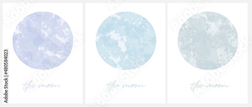 3 Varius Blue Color Moons. Simple Vector Illustration with Watercolor Style Full Moon Isolated on a White Background. Cute Pastel Color Galaxy Print Ideal for Kids Room Decoration, Wall Art.