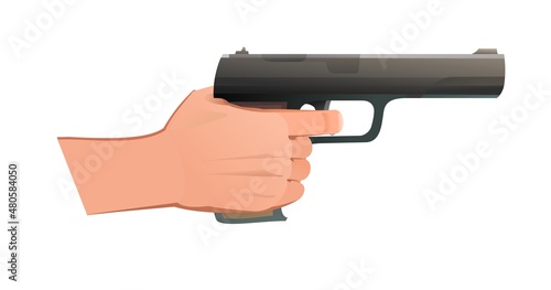 Right hand with standard firearm combat pistol. Object isolated on white background. Funny cartoon style. Vector