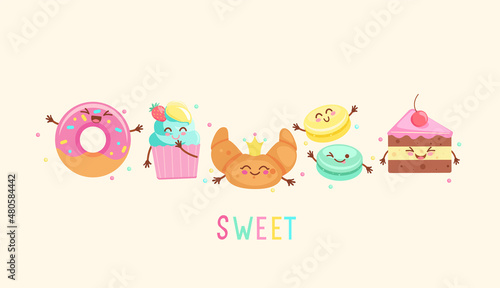 Funny tasty sweet bakery food icons.Hand drawn cake, macaroon, donut, cupcake, croissant.Set kawaii smiling pastry for advertise, web,design,print. Vector illustration, character isolated on white.