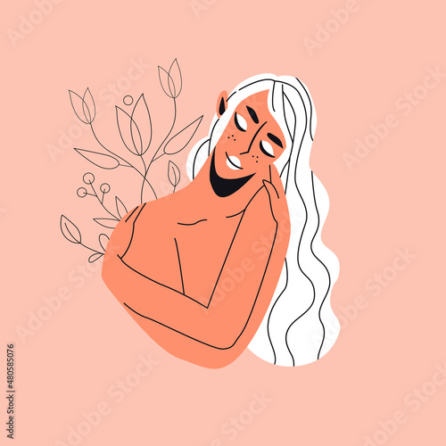 A naked girl with white hair hugs herself by the shoulders. Flowers bloom behind her. Self-love, body positive, self-care, calmness. Vector flat illustration on peach background