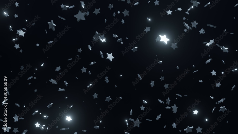 falling glowing silver stars against dark background, 3d render falling glowing silver stars against dark background, 3d render