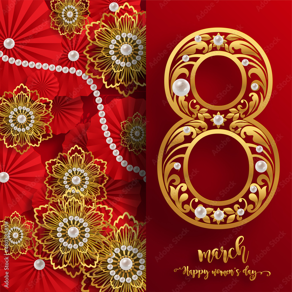 March 8 Happy womans day greeting card. with gold and patterned and crystals on paper black color Background. March 8 Happy womans day greeting card. with gold and patterned and crystals on paper black color Background.