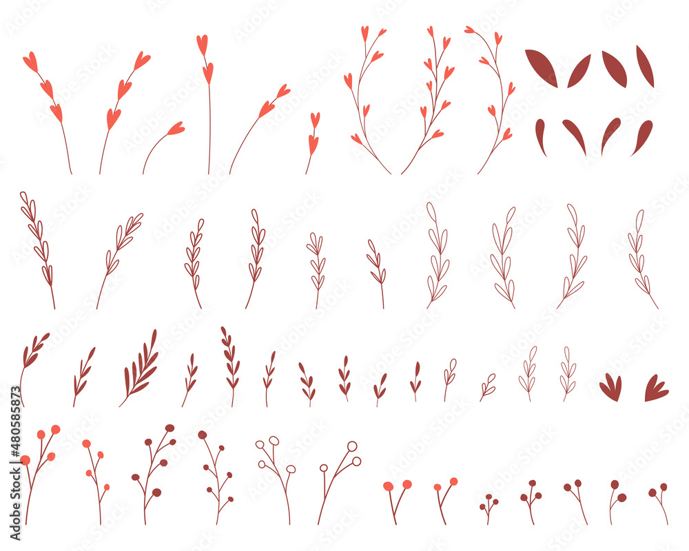 A set of simple botanical elements. Twigs, leaves, sprigs with hearts, berries in childish style. Boho colors. Flat vector illustrations isolated on a white background. A set of simple botanical elements. Twigs, leaves, sprigs with hearts, berries in childish style. Boho colors. Flat vector illustrations isolated on a white background.