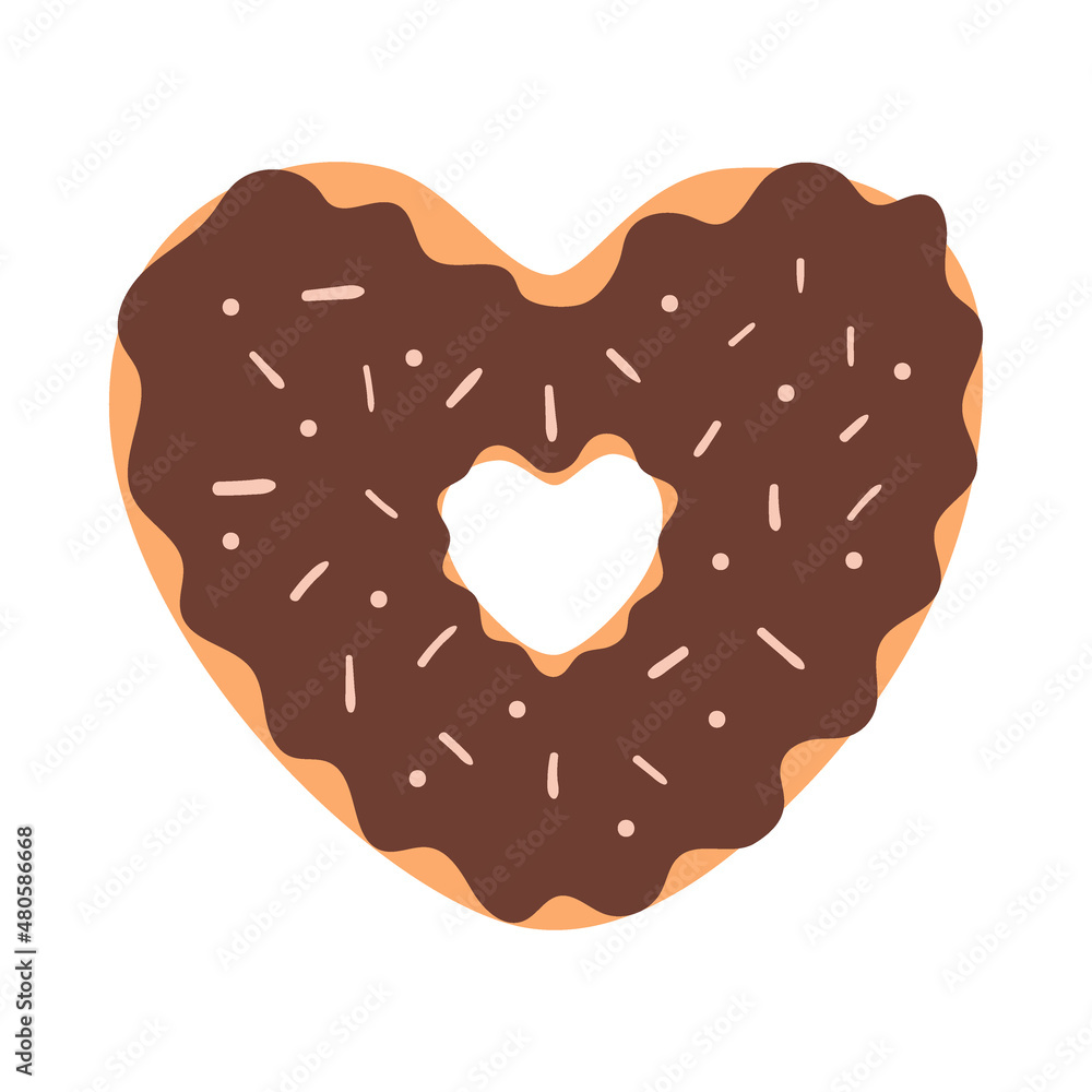 A heart-shaped doughnut with chocolate icing and sprinkles. Sweet food, pastries. Decorative element for Valentine's Day cards. Simple flat color vector illustration isolated on white background. A heart-shaped doughnut with chocolate icing and sprinkles. Sweet food, pastries. Decorative element for Valentine's Day cards. Simple flat color vector illustration isolated on white background.