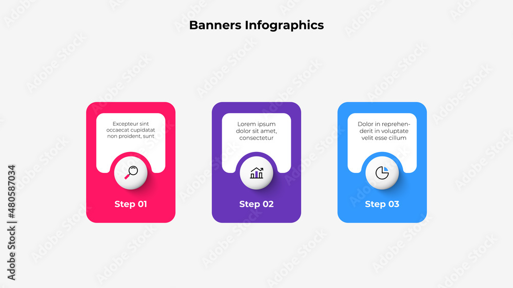 Three banners with circles placed in horizontal row. Concept of 3 stages of strategic management process. Creative infographic design template. Three banners with circles placed in horizontal row. Concept of 3 stages of strategic management process. Creative infographic design template.
