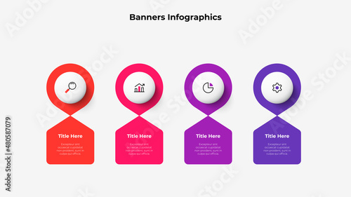Business infographic design template. Four abstract elements with circles placed in horizontal row. Concept of 4 steps of project development process.