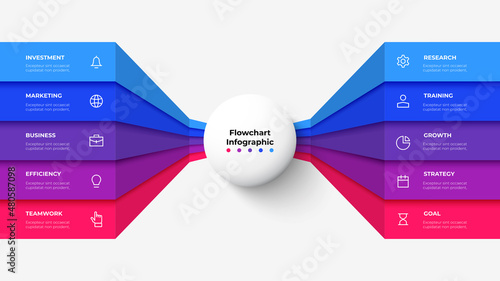 White circle in the center with colorful stripes on the sides. Abstract flowchart infographic with 10 options