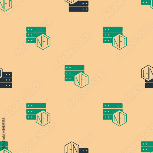 Green and black NFT blockchain technology icon isolated seamless pattern on beige background. Non fungible token. Digital crypto art concept. Vector