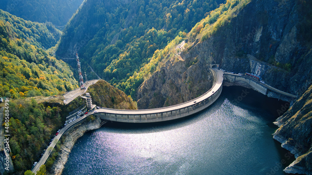 Aerial drone view of Vidraru dam in Romania - obrazy, fototapety, plakaty 