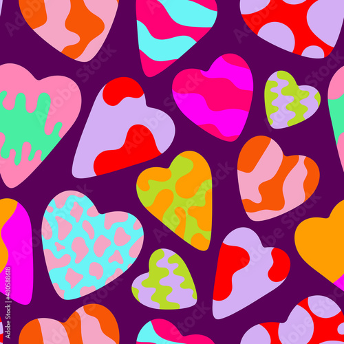 Valentine's Day seamless pattern. Cute elements about love and romance isolated on white background - bright colored hearts. For wrapping paper, cards, backgrounds, postcards, congratulations 