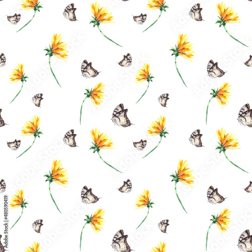 Seamless pattern with sunflower and brown butterfly. Plant and insect. Bright summer background for textile wallpaper, bed linen and packaging. © Svetlana