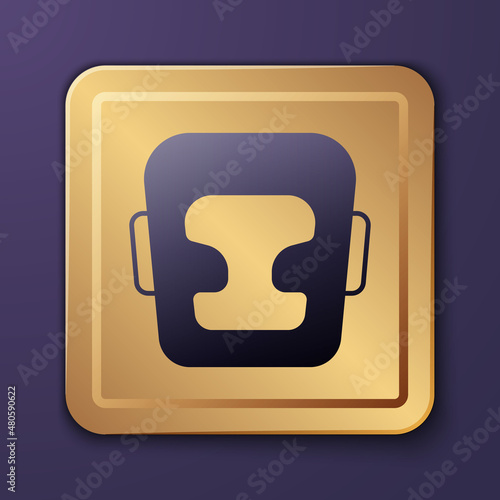 Purple Boxing helmet icon isolated on purple background. Gold square button. Vector