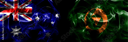 Flags of Australia, Australian vs Japan, Japanese, Imakane, Hokkaido, Hiyama, Subprefecture. Smoke flag placed side by side on black background photo