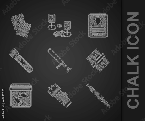 Set Police rubber baton, electric shocker, Marijuana joint, Stacks paper money cash, Evidence bag with bullet, Flashlight, The arrest warrant and Plastic ziplock icon. Vector